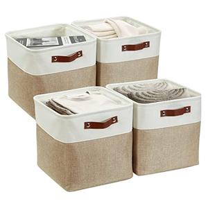 DECOMOMO Storage Cubes, 11x11 Cube Storage Bins, Baskets for Shelves (Beige & White, 4 Pack)