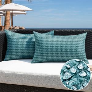 Kevin Textile Outdoor Waterproof Throw Pillow Covers Pack of 2 Boho Farmhouse Decorative Lumbar Cushion Covers for Garden Patio Tent Balcony Bench Couch Sofa 12x24 Inch, Teal