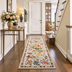 Rugflix 2x6 Runner Rug for Hallway, Washable Kitchen Runner Non Slip, Soft Low Pile Entryway Carpet, Vintage Floral Stain Resistant Long Laundry Room Rugs for Bedroom, Stairs, Beige