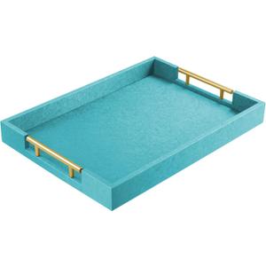 17" x 12" Wood Serving Tray with Gold Polished Metal Handles, Home Decorative Wooden Rectangle Ottoman Leather Decor Platter Bathroom Vanity Tray for All Occasions Blue (17" x 12" x 1.8", 03 Blue)