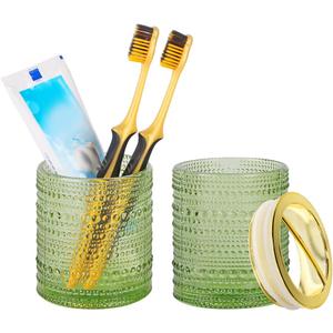 Green Toothbrush Holders,2pcs Glass Toothbrush Holder Set,Clear 10oz Bathroom Tumbler,Gold Toothbrush and Toothpaste Cup Holder Storage Organizer for Bathroom Accessories