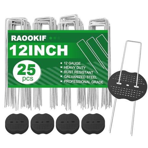 RAOOKIF Landscape Staples 12 Inch, 25 Pcs Galvanized Landscape Stakes with 25 Pcs Gaskets, 11 Gauge Heavy Duty U-Shaped Garden Staples for Weed Barrier Fabric, Tent, Lawn, Fence, Outdoor Decor