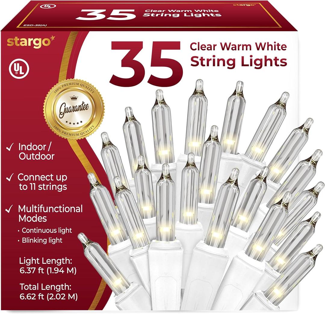 Clear Warm White Christmas Tree Lights - 6.3 ft String of 35 Incandescent Mini Bulbs Multifunctional Lighting Modes, for Decorative, Bedroom, Outdoor, Xmas Twinkle Lights with White Wire Total 6.6 ft