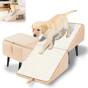 Split Ottoman Dogs Ramp, Dog Ramp for Couch and Bed, Dog Stairs for Small Dogs and Cats, 2-in-1 Foldable Wooden Pet Stairs and Ottoman,Non-Slip Fabric Surface Ramp for Couch and Bed Khaki Plush