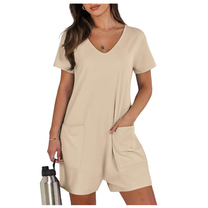 Rompers for Women Summer Casual Short Sleeve Jumpsuits V Neck Loose Fit One Piece Outfits with Pockets 2025 Clothes, Small, Khaki 