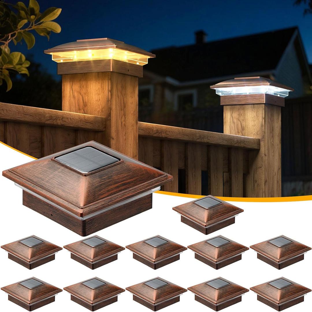 APONUO 11 Pack Fence Post Solar Lights, 2 Modes(Warm/Cool Light) Outdoor Waterproof 4x4 Post Solar Lights, Solar Powered Garden, Patio, Deck Decor for 4x4 Wood & Vinyl Posts, Copper