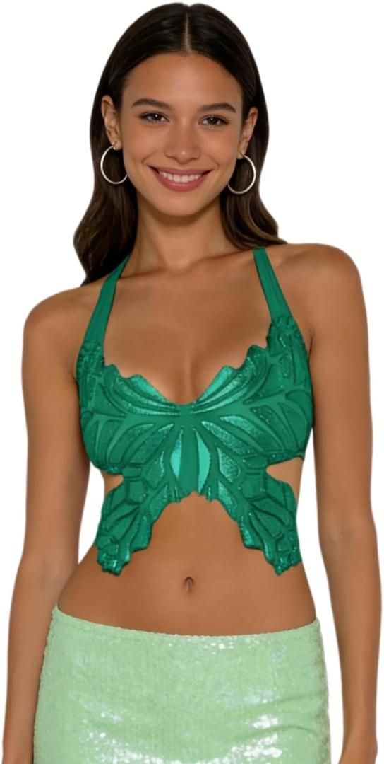 JUMISEE Women Sparkly Rhinestone Butterfly Crop Top Sexy Satin V Neck Bakless Lace Up Cami Tank Top for Rave Festival (S)