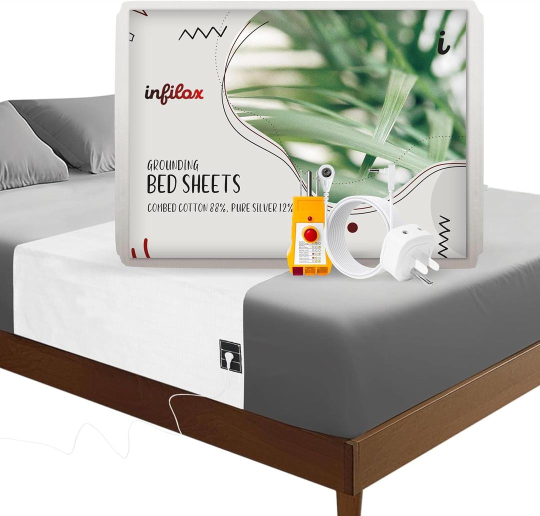 Grounding Mat for Bed, 88% Combed Cotton +12% Pure Silver Fiber, Grounding Sheets for All Mattress Sizes, with Plug, Socket Tester, Grounding Wire (White, 110.2 * 23.6 inch), Earthing Sheet.