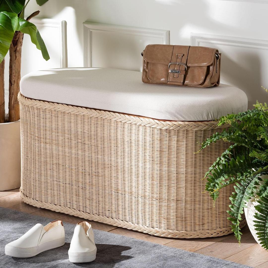 Bali & pari Barid Braided Natural Rattan Storage Bench with Cushioned Lift-Top Lid – Coastal Boho Style Chest for Bedroom, Entryway, or Living Room Organization, Natural, 39" Oval, 39-inch Wide, Seat Height of 19"