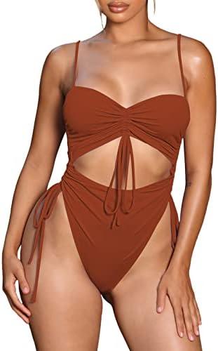 Viottiset Women's Cut Out Drawstring One Piece Swimsuit Cheeky High Cut Bathing Suit, Size L