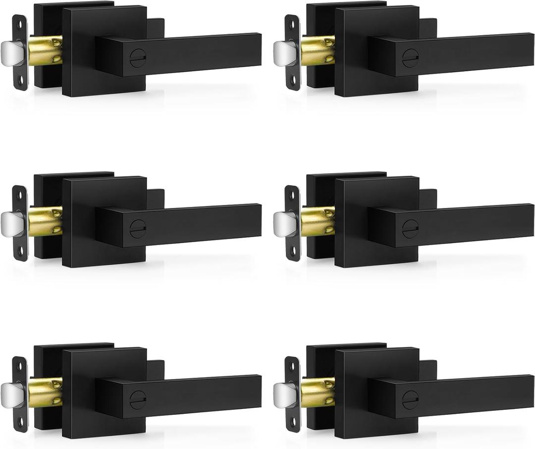 Plustool 6 Pack Matte Black Door Handles Interior, Keyless Interior Door Knobs, Privacy Door Locks for Bedroom Bathroom, Heavy Duty Square Door Lever Locksets, Reversible for Left&Right Handled Doors