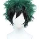 Linfairy Anime Cosplay Wig Short Black Green Halloween Costume Curly Wig
