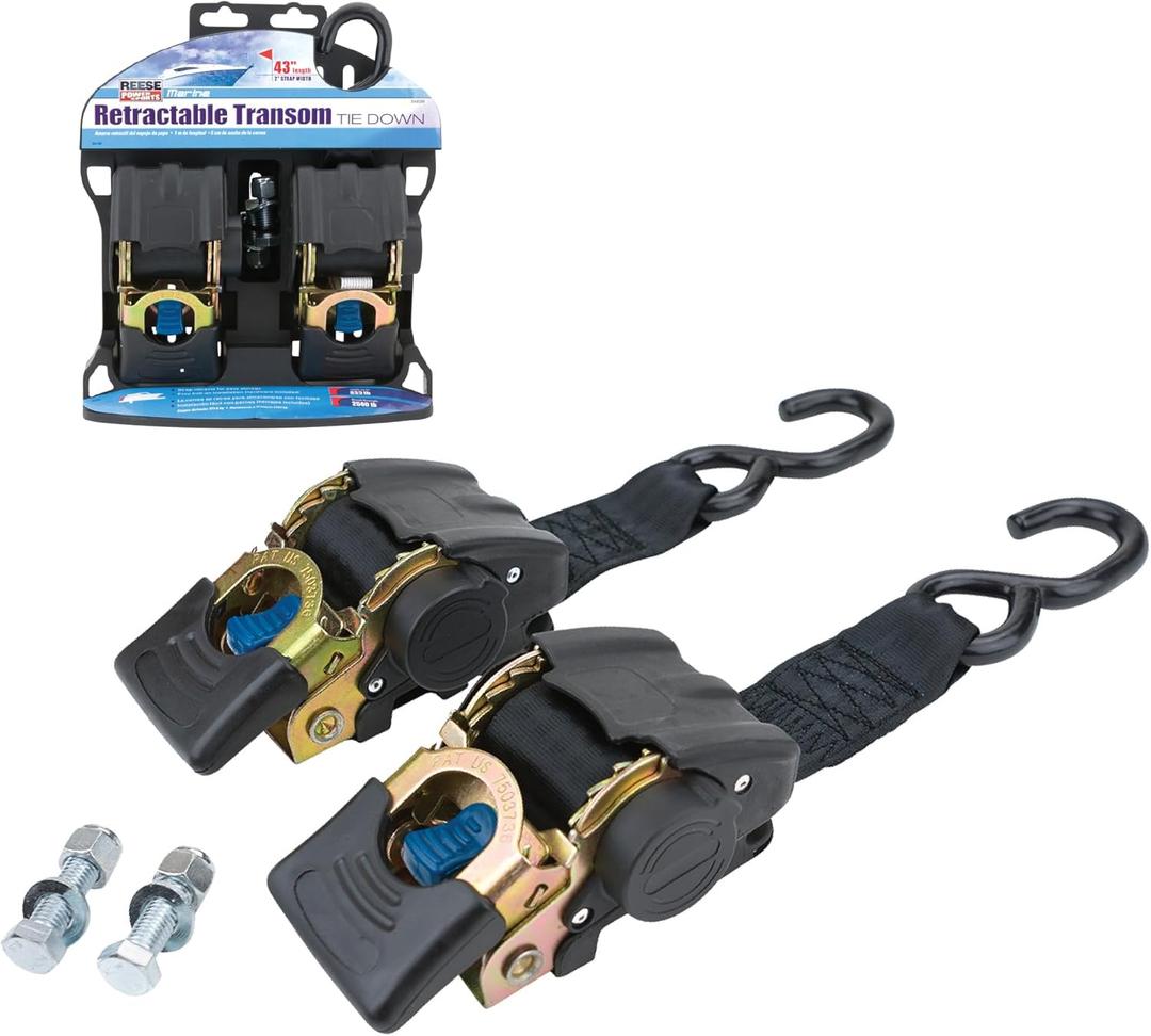 Reese Powersports 2060300 Retractable Transom Tie Down, 2 Inch x 43 Inch, 833 lbs. working load limit and 2,500 lbs. break strength, 2 pack.
