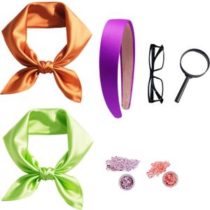Halloween Costume Accessories Set, Purple Headband, Green Scarf, Orange Scarf, Glasses, MagnifierPurple Body Glitter and Orange Body Glitter for Halloween Cosplay Supplies Women Men Adult Party