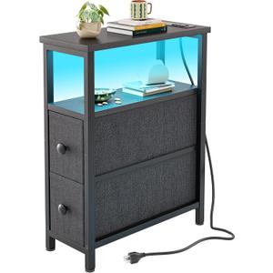 TIQLAB End Table with Charging Station, Narrow Side Table with 2 Fabric Drawers, Nightstand with LED Light, Slim Bedside Table for Bedroom, Living Room, Small Spaces, Black