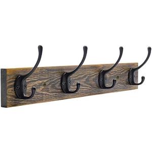 IBosins Wall Mounted Coat Rack, Entryway Hanging , Metal Wood Rack with 4 Black Literary Rustic Hooks Rail for Scarf, Bag, Towel, Key, Cap, Cup, Hat (Brown)