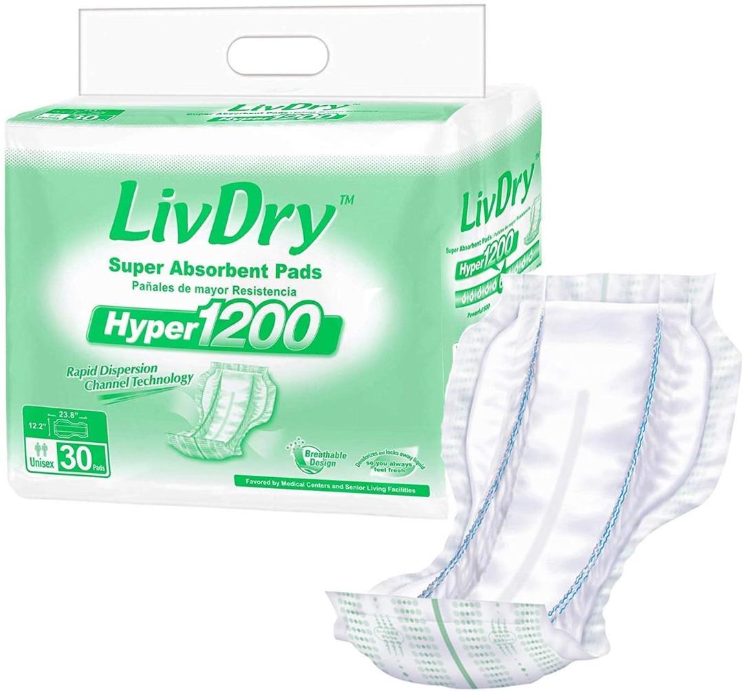 LivDry High Absorbency Pad Insert for Incontinence Briefs and Adult Diapers, Women and Men, Hyper 1200 (30 Count)