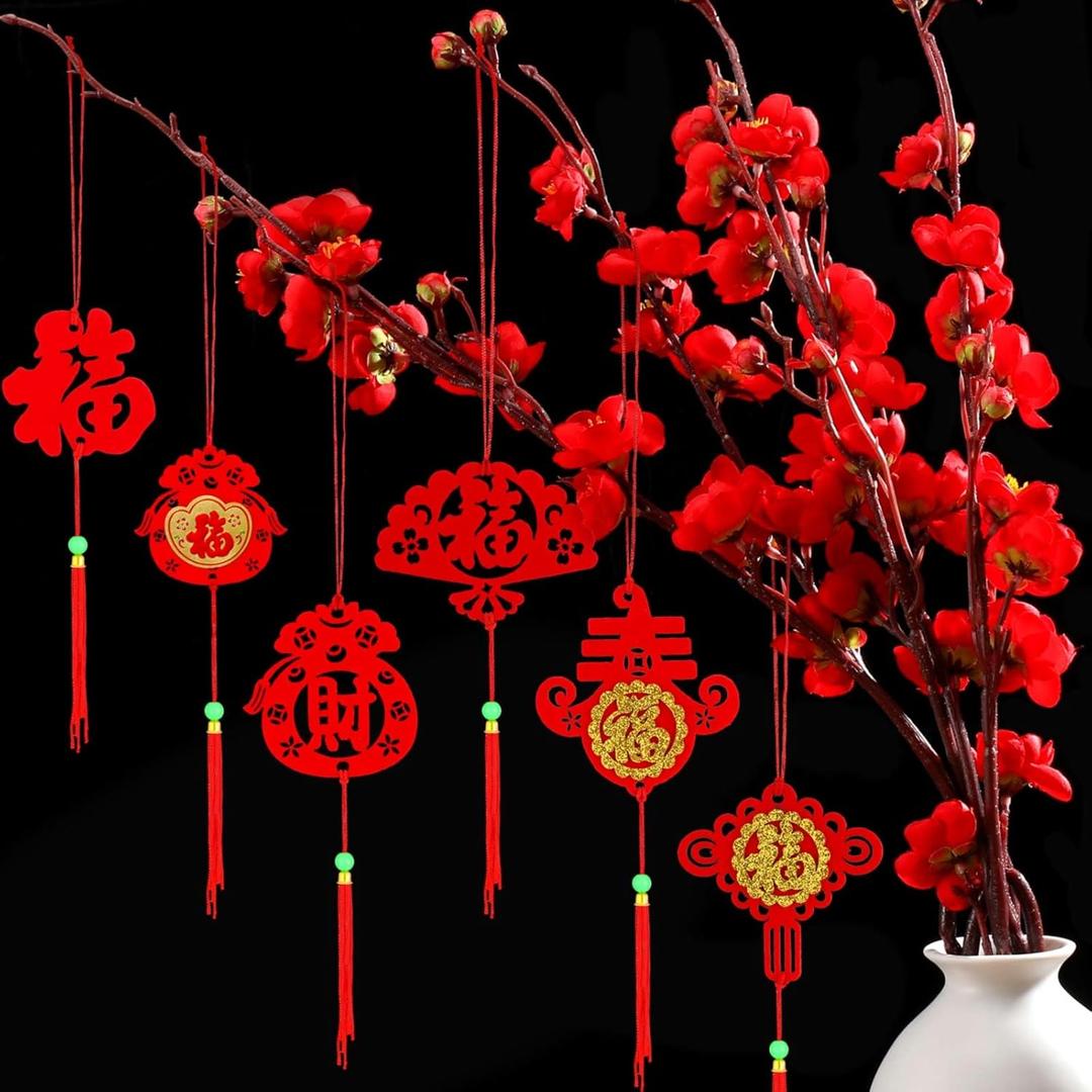 Mixweer 72 Pieces Chinese New Year Decorations Red Chinese Knot Pendant Traditional Spring Festival Decoration Hanging Lunar New Year Decor Lucky Fu Pendants for Home Tree Car Ornaments(Elegant)
