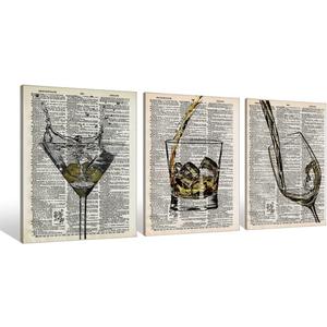 Whiskey Martini White Wine Cup Retro Dictionary Art Canvas Wall Art Prints Artwork Signs Framed for Bar Club Lounge Kitchen Man Cave Home Wall Decor,17X13 inch Set Of 3,Housewarming Gifts(848)