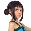 FantaLook Short Black Purple Cosplay Wig with 2 Buns for Halloween Party Costume Small Size