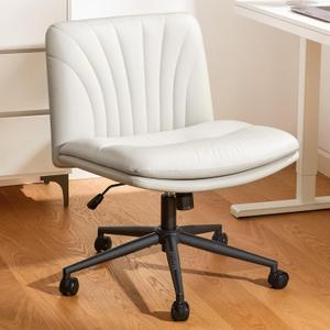 Marsail Armless-Office Desk Chair with Wheels: PU Leather Cross Legged Wide Chair, Comfortable Adjustable Swivel Computer Task Chairs for Home, Office, Make Up, Small Space, Bed Room(Light Beige)
