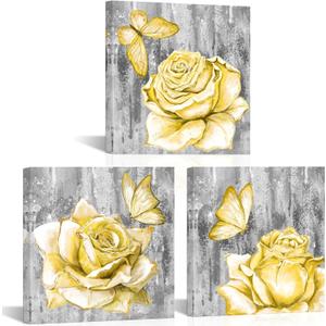 sechars Yellow and Grey Flower Wall Art Floral with Butterfly Paintings Canvas Prints Modern Bathroom Bedroom Decor Artwork (Yellow)