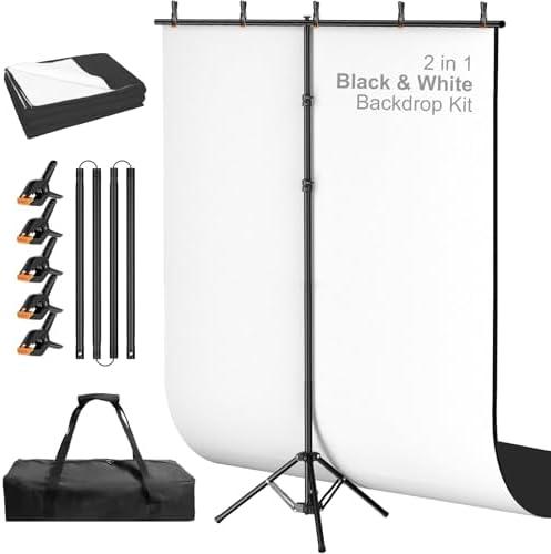 Qoolfoto 5x8ft Black and White 2in1 Revisible Photo Backdrop with Stand | White Black Backdrop Background with Portable T-Shape Stand, Carry Bag and 5 Clamps for Photography Video Meeting Streaming