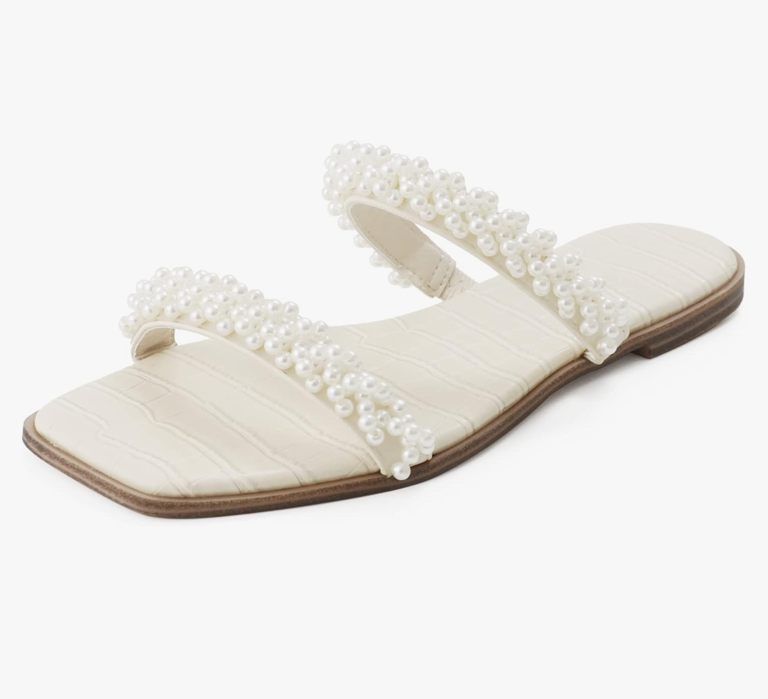 LACUONE Pearl Strap Flat Sandals For Women Slip On Square Open Toe Slides Sandals, Size: 7