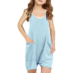 Nirovien Girls Sleeveless Jumpsuits Spaghetti Strap Romper Halter Long Pants with Pockets (Blue)