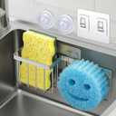 [Slim & Space-saving] Sponge Holder for Kitchen Sink, Sponge Caddy for Scrub Daddy / Scrub Mommy Smiley Face, Sink Organizer Accessories for Dish Brush, Scrubber -with 2 Suction Cups & 1 Adhesive Hook (Silver)
