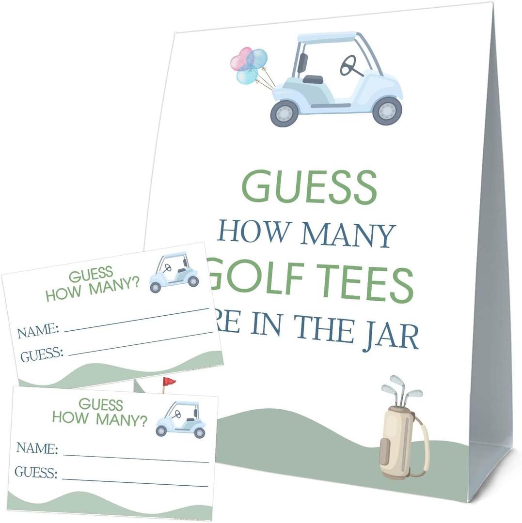 GOLF Brithday Decorations, Guess How Many Golf Tees Are in the Jar, Suite for Birthday Party Bridal Shower Wedding Activit, 50 Cards and Sign