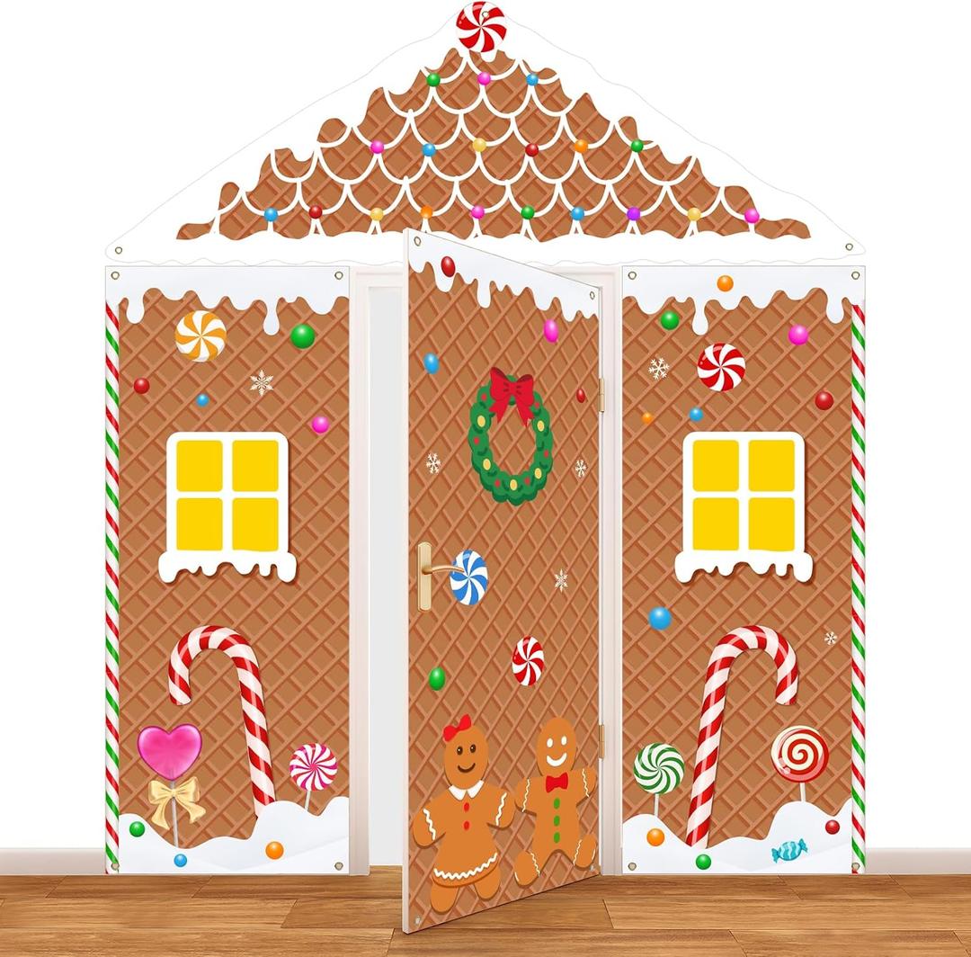 4 Pcs Christmas Gingerbread House Decorations Xmas Gingerbread Door Covers Hanging Banner Porch Sign for Christmas Party Backdrop Wall Decor (Cute)