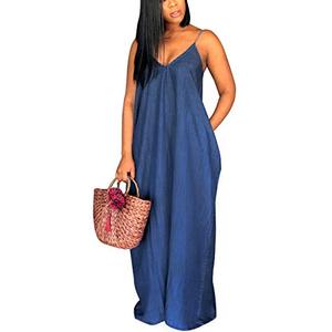 Long Maxi Dresses for Women Sexy Navy Denim Beach Summer Dress Casual Spaghetti Strap Sundress with Pockets(X-Large) Navy Denim