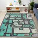 Superior Country Road Non-Slip Indoor Rug for Kids, Toddlers & Babies, Washable for Playroom, Kids Room, Nursery, or Bedroom, Interactive Road, Streets, Buildings and Trees, 5' x 5', Pine Green