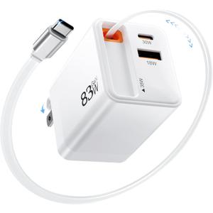 83W Retractable USB C Charger, Retractable Charger with Type C Cable and QC18W PD30W Port, PD PPS Fast Charging Block with Foldable Plug for iPhone 17 16 15 14 13 12 11, Galaxy, LG, Pixel, Tablet