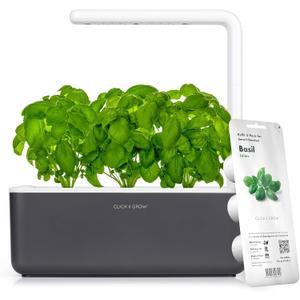 Click & Grow Indoor Herb Garden Kit with Grow Light | Smart Garden for Home Kitchen Windowsill | Easier Than Hydroponics Growing System | Vegetable Gardening Starter (3 Basil Pods Included), Grey
