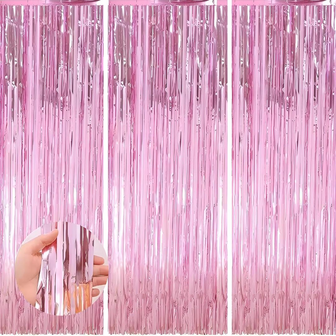 3 x Valentines Day 3 Pack 3.3 * 8.3 ft Foil Curtain Metallic Tinsel Fringe Curtains Photo Booth Props Backdrop for Birthday Wedding Engagement Baby Shower Christmas Holiday Celebration Partyl,Pink