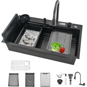 Waterfall Black Kitchen Sink, 30Inch Single Bowl Sink, Stainless Steel Multifunctional Drop In/Topmount Workstation Sink with Pull-out Faucet, Multiple Accessories (Black, 30x20in)