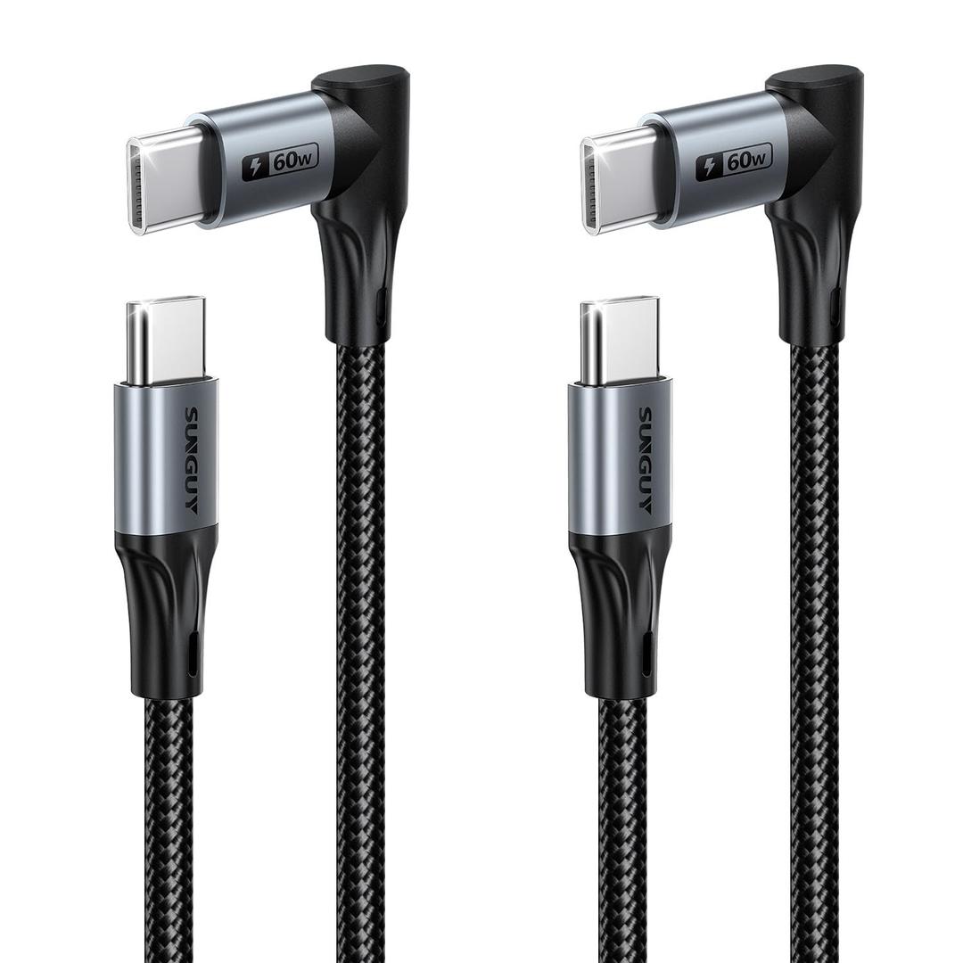 SUNGUY Right Angle USB C to USB C Cable 1FT [2Pack], Longer 90 Degree Type C 60W Fast Charging Cable, USB-C Car Charger Cord for iPhone 17/16/15 Pro Max, Samsung Galaxy S25/24, iPad Pro, MacBook (Grey)