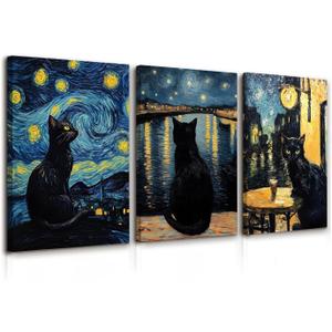 Ansouyi Set of 3 Canvas Wall Art, Black Cat on Canvas Prints Artwork for Living Room Bedroom Bathroom Office Modern Home Decorations, 12x16 inch