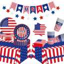 75 Pcs 4th of July Patriotic Party Decorations Set, Red White and Blue USA Flag Paper Plates Napkins Cups Tablecloth and Banner, Memorial Day Veterans Tableware Supplies (Serves 12)