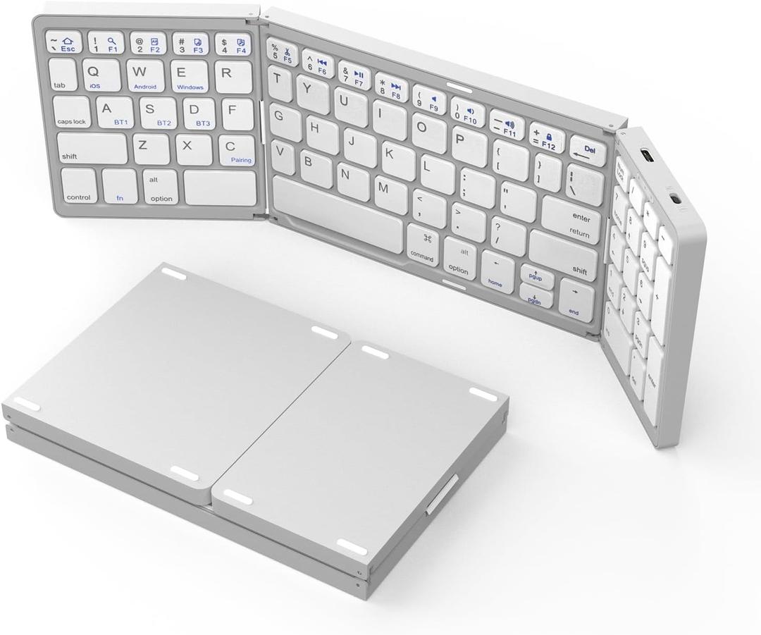Foldable Bluetooth Keyboard, Wireless Portable with Numeric Keypad, USB-C Rechargeable Travel Keyboard for Laptop, Tablet, iPad, Smartphone (Silver)