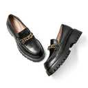 IDIFU Chunky Loafers for Women,Womens Platform Loafer Shoes,Chunky Heel Lug Sole Slip-on Metal Chain Loafers,Comfort Round Toe Business Work Office Shoes Black, US 7