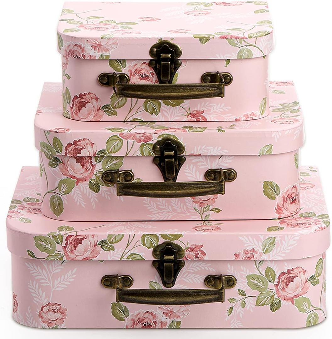 Fasmov 3 Pack Paperboard Suitcases Storage Box With Lids - Decorative Gift Boxes for Photo Storage, Home Decoration, Wedding, Birthday, Anniversary - Pink