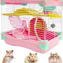 Hamiledyi Portable Hamster Cage 2 Layers Dwarf Hamster Habitat Small Animal Travel Cage with Exercise Wheel Hamster Enclosure Mouse Cage for Hamsters Mice Gerbils or Other Tiny Pets (Pink)