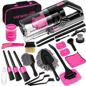 Viewsun Car Vacuum Cordless Rechargeable, 8000PA High Power Handheld Vacuum Cleaner with 19PCS Car Cleaning Kit, Pink Auto Accessories for Women Gift