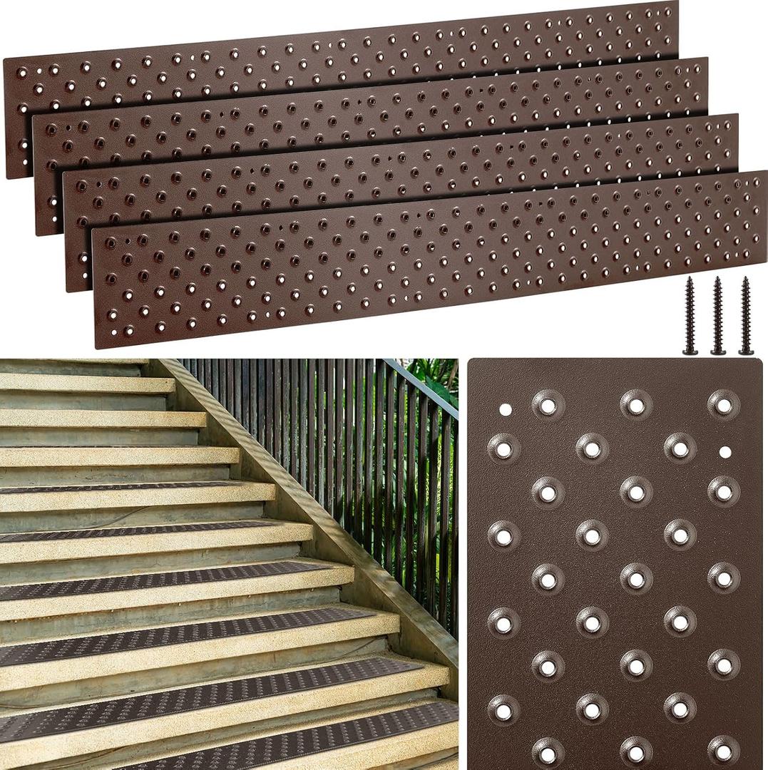 Gisafai 4 Pcs Non Slip Aluminum Stair Treads 30 x 3.75 Inch Metal Nosing Powder Coated Anti Slip Outdoor Stair Treads with Carbon Steel Screws, Easy to Install for Wood Ramp Deck Steps (Brown)