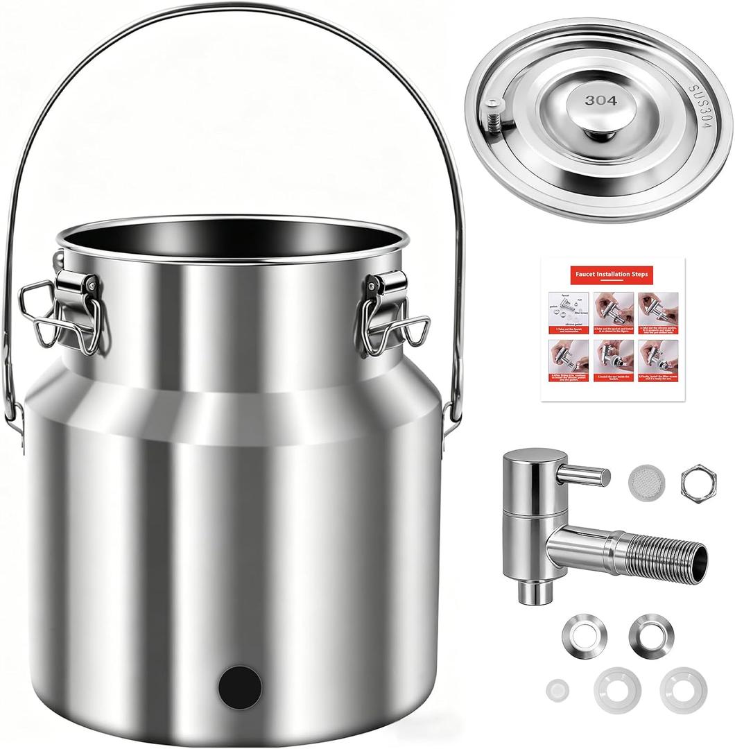 304 Stainless Steel Water Dispenser with Faucet, Thickened Milk Can with Handle, Sealing Ring and Instruction Manual, 5L Stainless Steel Water Jug for Milk, Water, Tea, Juice and Beverage Storage