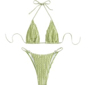 GORGLITTER Women's Lace Bikini Set Striped Bow Two Piece Swimsuit Halter Triangle Top Ring Linked Bathing Suit (Large, Green Frill)