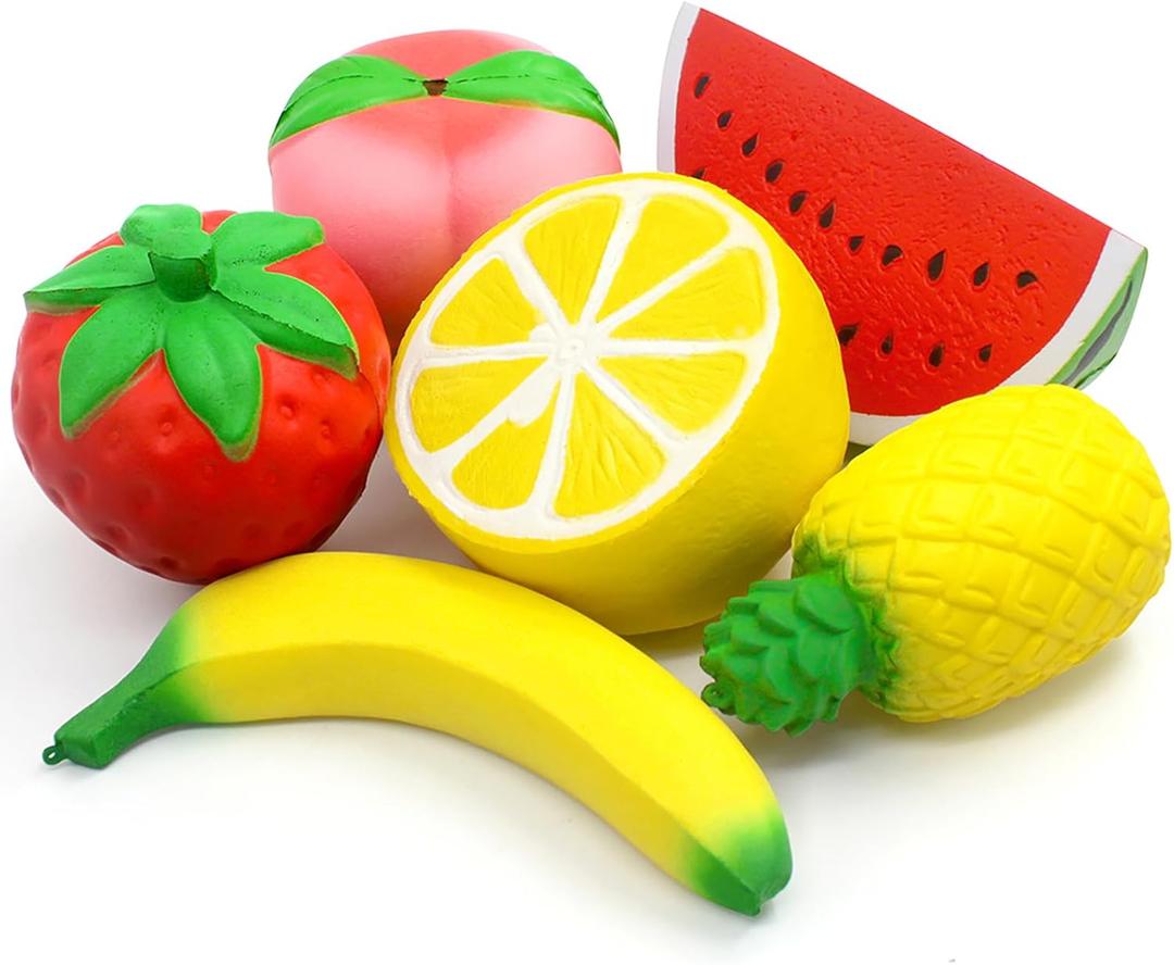6PCS Jumbo Squishies Slow Rising Strawberry Peach Banana Lemon Watermelon Pineapple Charms Fruit Squishies Cream Scented Stress Relief Kawaii Toys for Kids and Adults